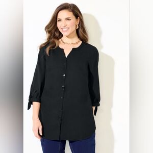 NEW NWT Catherines PS Sz Geogette Blk Button Front Tie Sleeve Cafe Blouse
